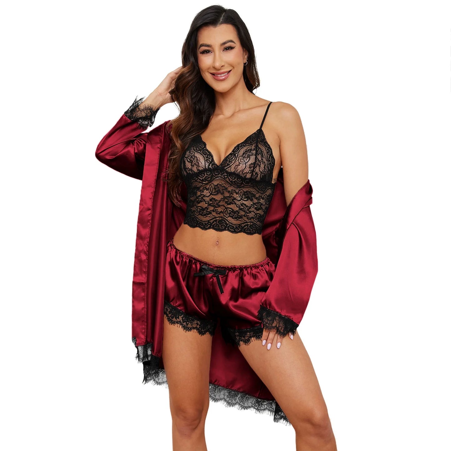 Sexy Lingerie, Silk Satin Pajamas for Women, Womens Summer Pajamas Pjs Sets of 4 Pcs with Floral Lace Top Shorts and Robe, Gift for Women