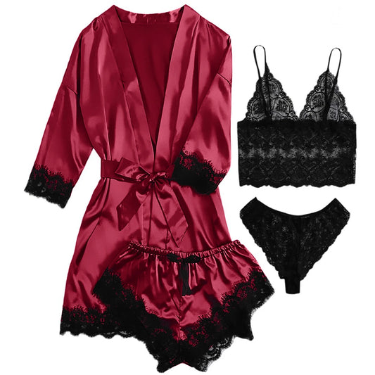 Sexy Lingerie,  Silk Satin Pajamas for Women, Womens Summer Pajamas Pjs Sets of 4 Pcs with Floral Lace Top Shorts and Robe, Gift for Women