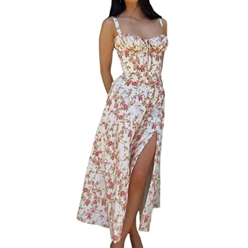 Women Summer Boho Spaghetti Straps Split Thigh Midi Dress Tie Front Solid Floral Print Sleeveless Vintage a Line Beach Dresses