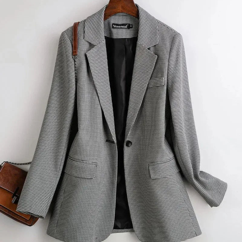 Vintage Double Breasted Office Ladies Plaid Blazer Loose Single Button Coat Jacket Women Blazers Female